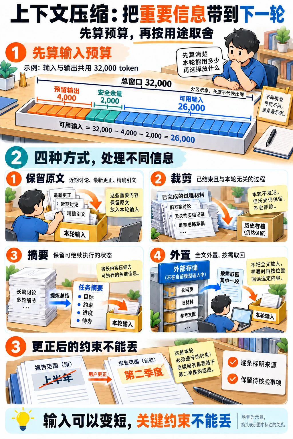 上下文工作台:计算26000 token输入预算,按原文保留、裁剪、摘要、外置处理材料,并保留更正后的报告约束