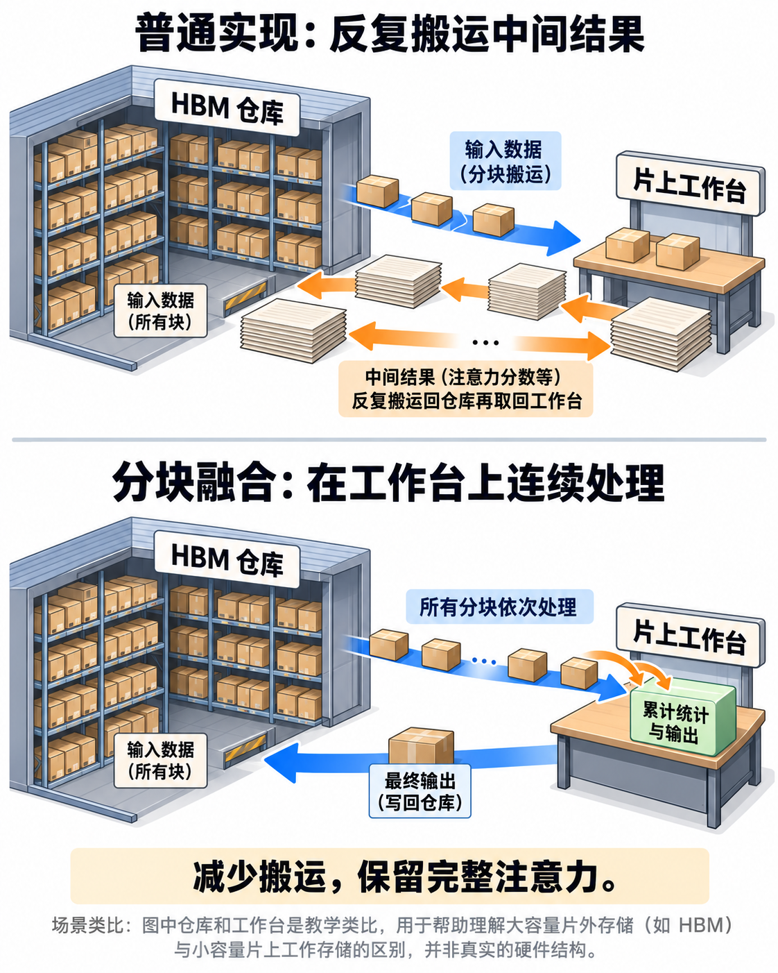 普通实现反复搬运注意力中间结果，分块融合在片上累计统计与输出