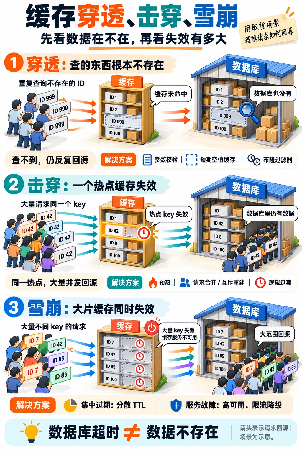 缓存取货场景:两处都无数据的穿透、单个热点缓存缺失的击穿、大片缓存失效的雪崩,以及对应处理方法