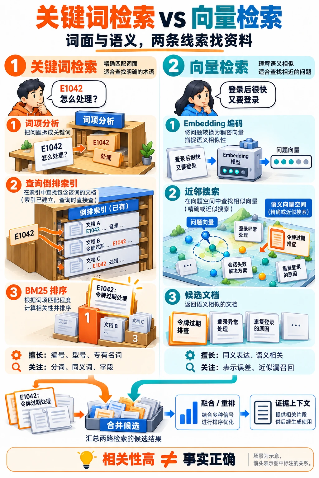 两种检索工作站:词项经倒排索引和BM25找到文档,问题向量在语义空间寻找近邻,两路候选合并后融合重排